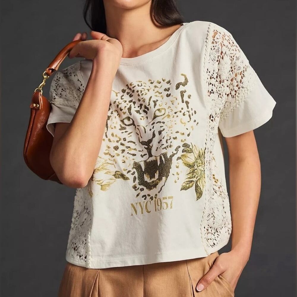 Pilcro Leopard Print Graphic T-Shirt Crochet Crew Short Sleeves Cotton Medium